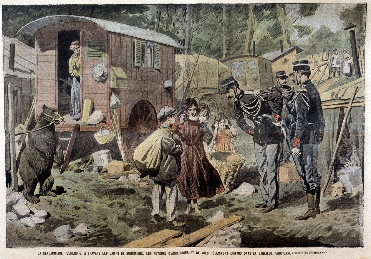 A csendőrség a cigánytáborokon keresztül keresi a párizsi külvárosban - 1907. 04. 21-én ""Pelerinben" - elkövetett támadások és rablások elkövetőit. alkotó: French School
