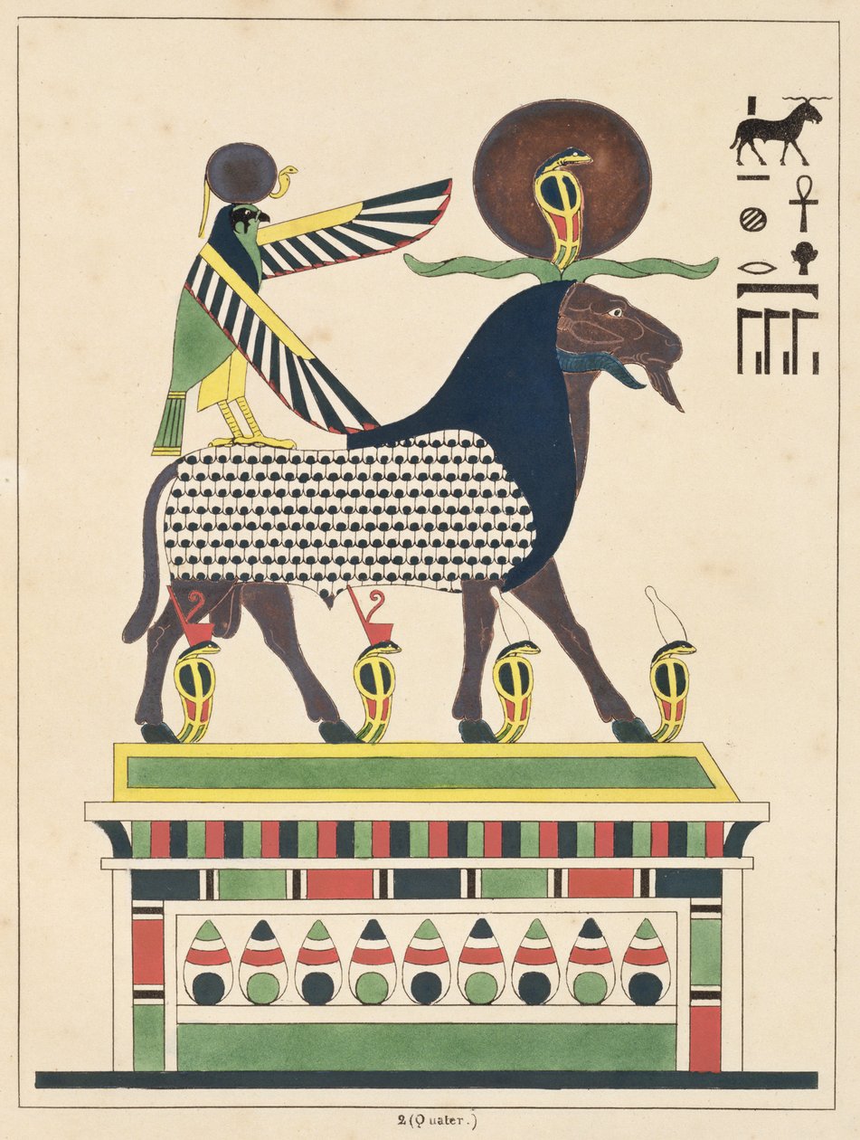 Amon-Ra isten, illusztráció az egyiptomi Pantheonból: Jean-Francois Champollion mitológiai szereplőinek gyűjteménye az ókori Egyiptomból, megjelent 1986 körül alkotó: French School