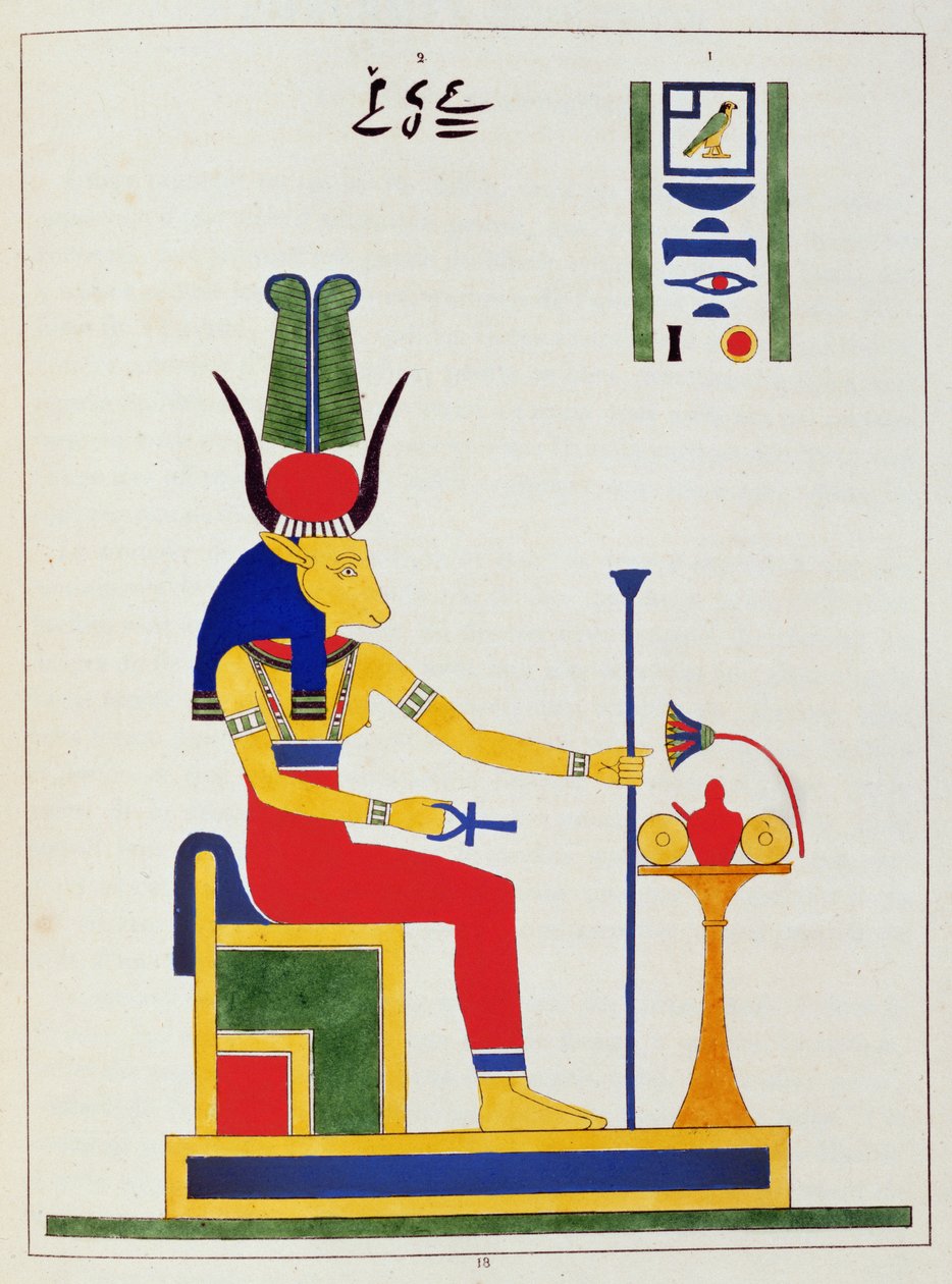 Hathor istennő, illusztráció az egyiptomi Pantheonból: mitológiai szereplők gyűjteménye az ókori Egyiptomból, Jean-Francois Champollion, megjelent 1986 körül alkotó: French School