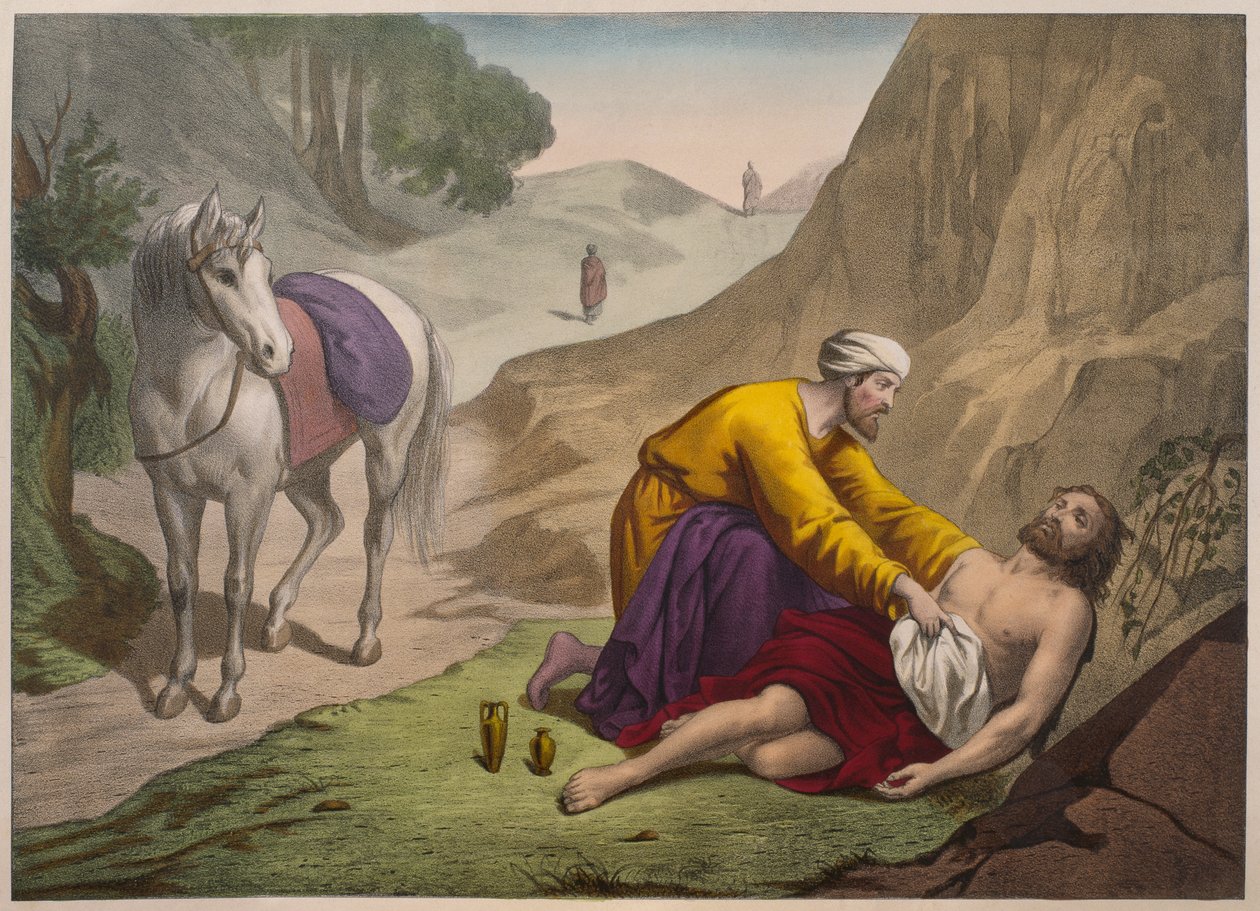 Az irgalmas szamaritánus, illusztráció az LHistoire Sainte katekizmusból, kiadó: Charles Delagrave, Párizs, 19. század vége alkotó: French School