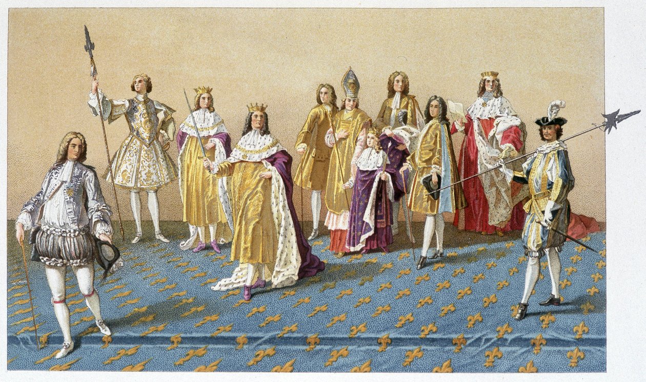 XV. Lajos koronázásának nagy méltóságai: de Dreux márki, de Villards marsall, Harcourt hercege, Reims hercege érsek, XV. Lajos, Lotharingiai Károly herceg, Villeroy hercege, Armonville hercege - chromo. alkotó: French School
