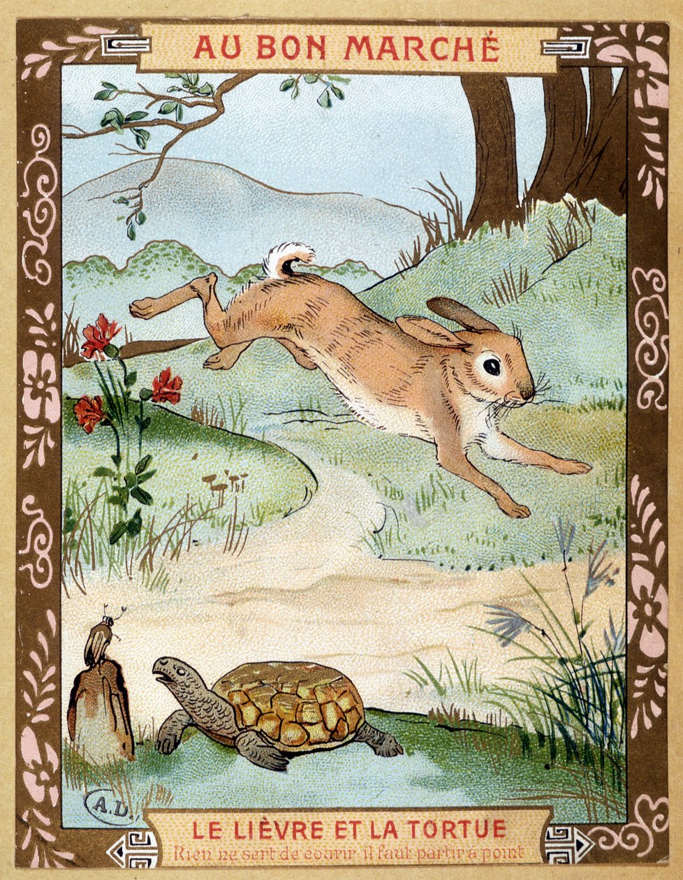 A nyúl és a teknős (Fable de La Fontaine) - Bon Marché reklámmatrica, 19. század vége alkotó: French School