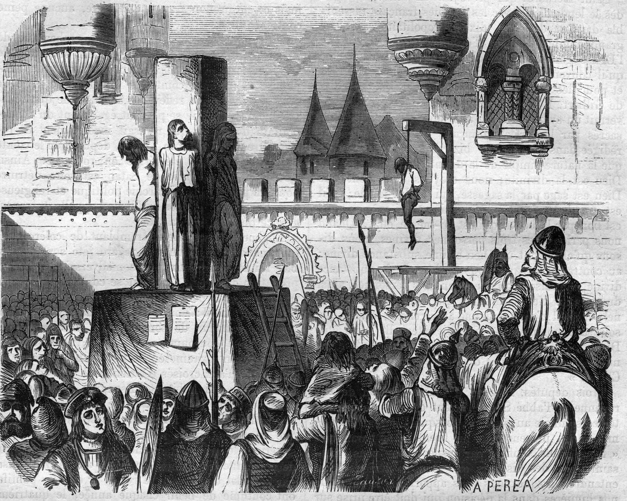 Az eretnekeket Gilbert de la Porree, Bernard de Clairvaux és Suger abbé papjai felakasztották és a mészároson elégették. alkotó: French School