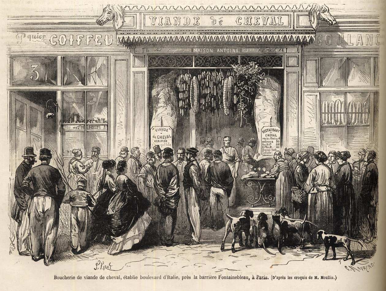 1866-ban nyílt meg a Fontainebleau-ban (Párizs) a lóhentesüzlet - hentesáru - Boucherie Meat de Cheval Boulevard Olaszország a Fontainebleau-i barrier közelében 1866) Metszet a „Le monde illustrious”-ban, 1866 alkotó: French School