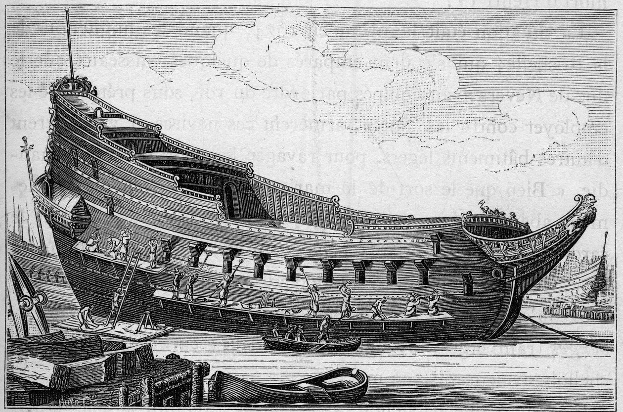 Egy nagy hajó törzse a XVII. Metszet: „La Marine et les colonies: kereskedelem” alkotó: French School