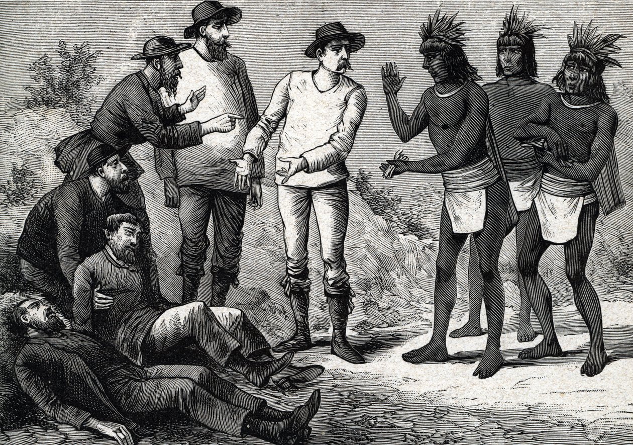 Peru lakói a maláriában szenvedő gyarmati európaiakat segítik Cinchonával (metszet) 1888 alkotó: French School