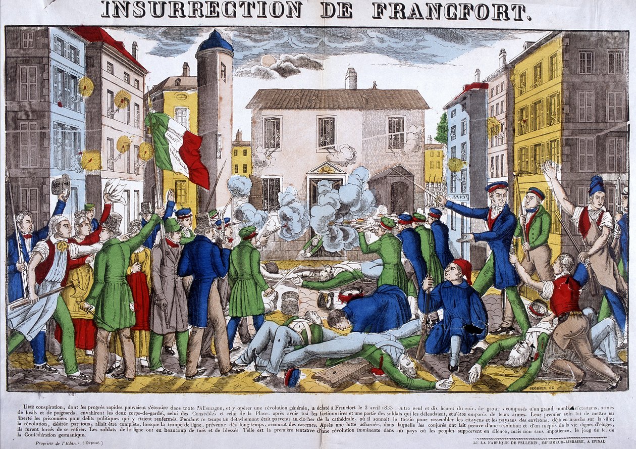 Frankfurt 1833. április 3-i felkelése, a Német Konföderáció fővárosa. Az Epinal képe alkotó: French School