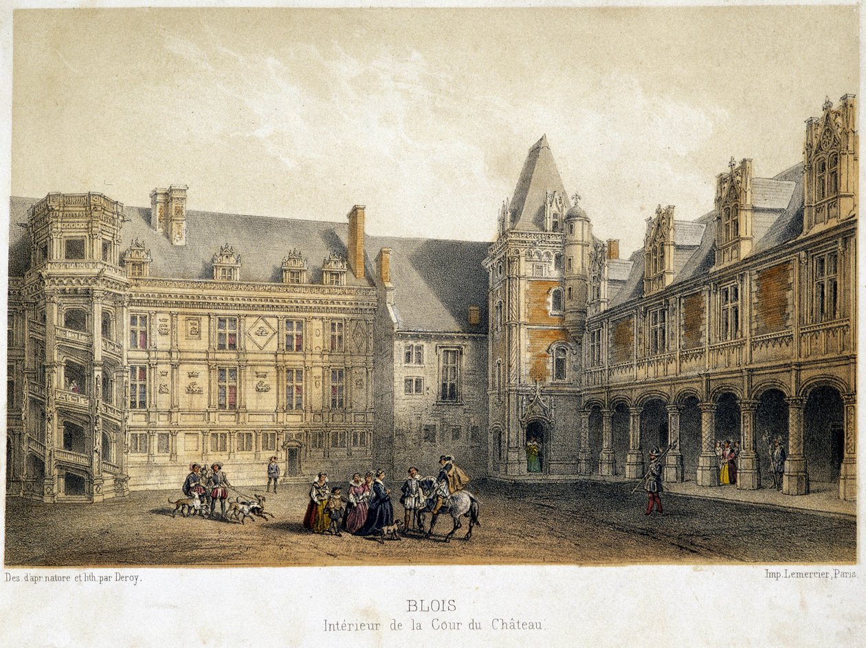 A blois-i kastély udvarának belső tere az I. Frigyes idején (16. század) - litográfia alkotó: French School