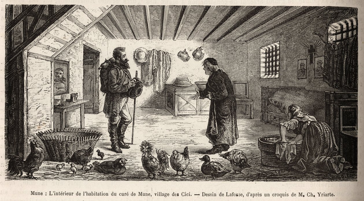 A Les Cici falu, Mune kúra házának belseje, mely a főszobában a narrátornak ad otthont, ahol egy nő térden állva mos, mellette a teljes szabadságban élő baromfi, metszet rajza alapján. Lafosse illustratin alkotó: French School