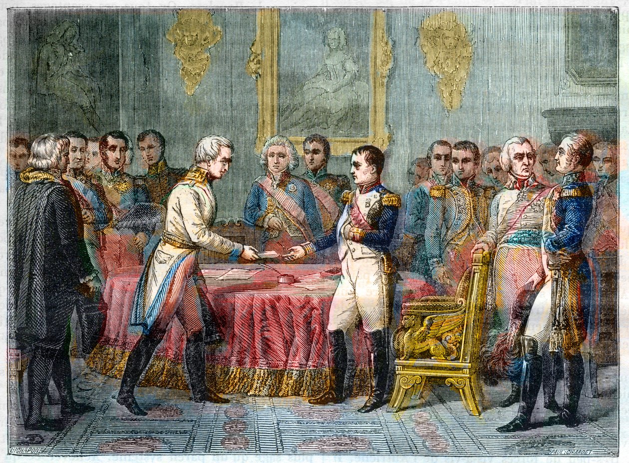 Erfurti interjú, 1808. szeptember 27. - október 14. - I. Napóleon fogadja Vincent bárót, osztrák diplomatát és I. Sándor osztrák császár jobboldali követét (1777-1825) - Erfurti hercegi gyűlés 1808. szeptember 27-én ( Napóleo alkotó: French School