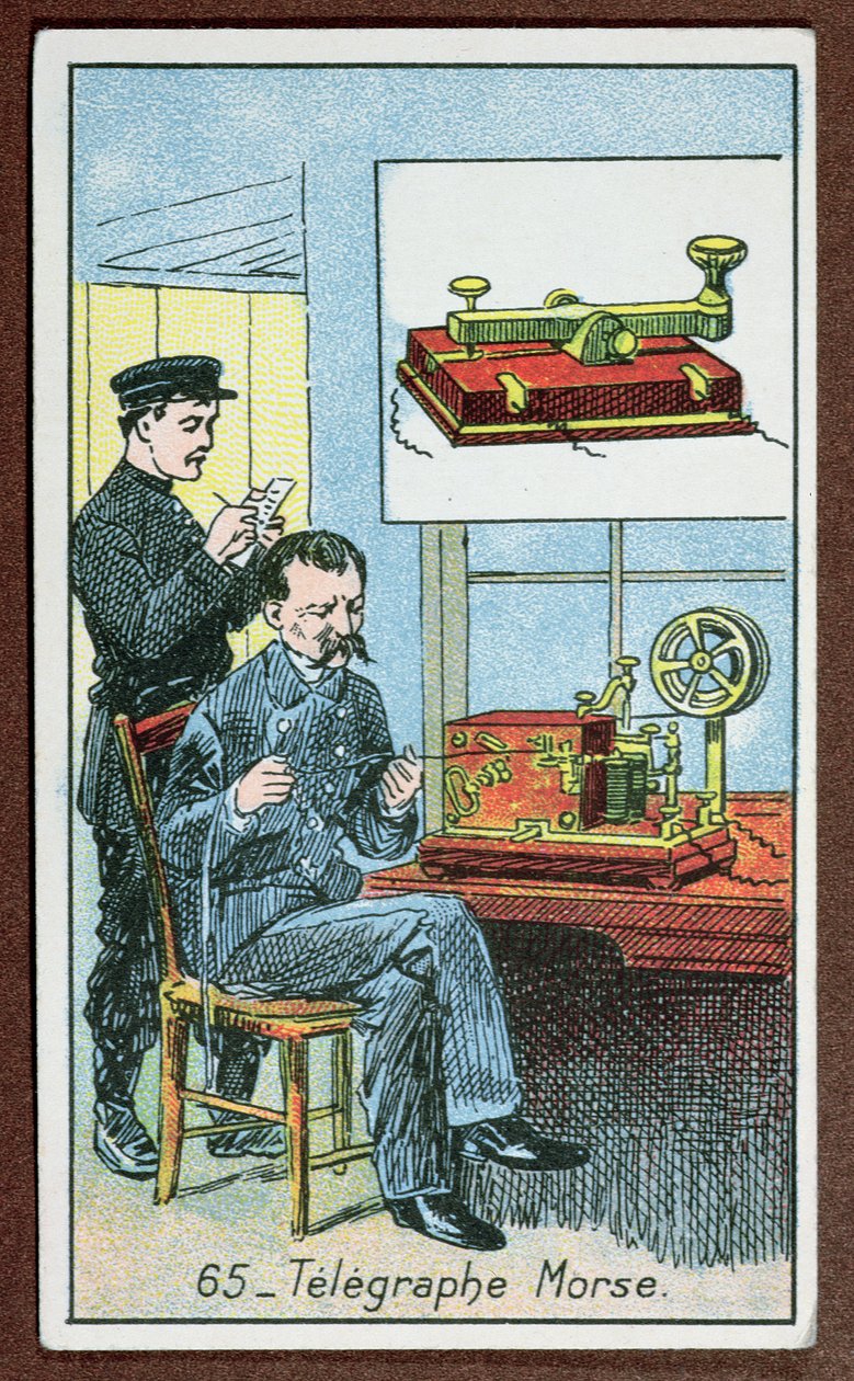 A Morse-kóddal ellátott távirat feltalálása, a 65. számú nagy találmányokat ábrázoló kártyasorozat, 1910 körül alkotó: French School
