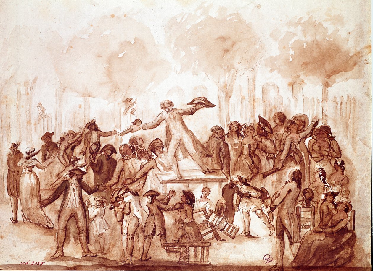 Camille Desmoulins (1760-1794) újságíró a hazafiakat a királyi palota kertjében csapkodta”” A francia forradalom első jelenete Párizsban, július 12. alkotó: French School