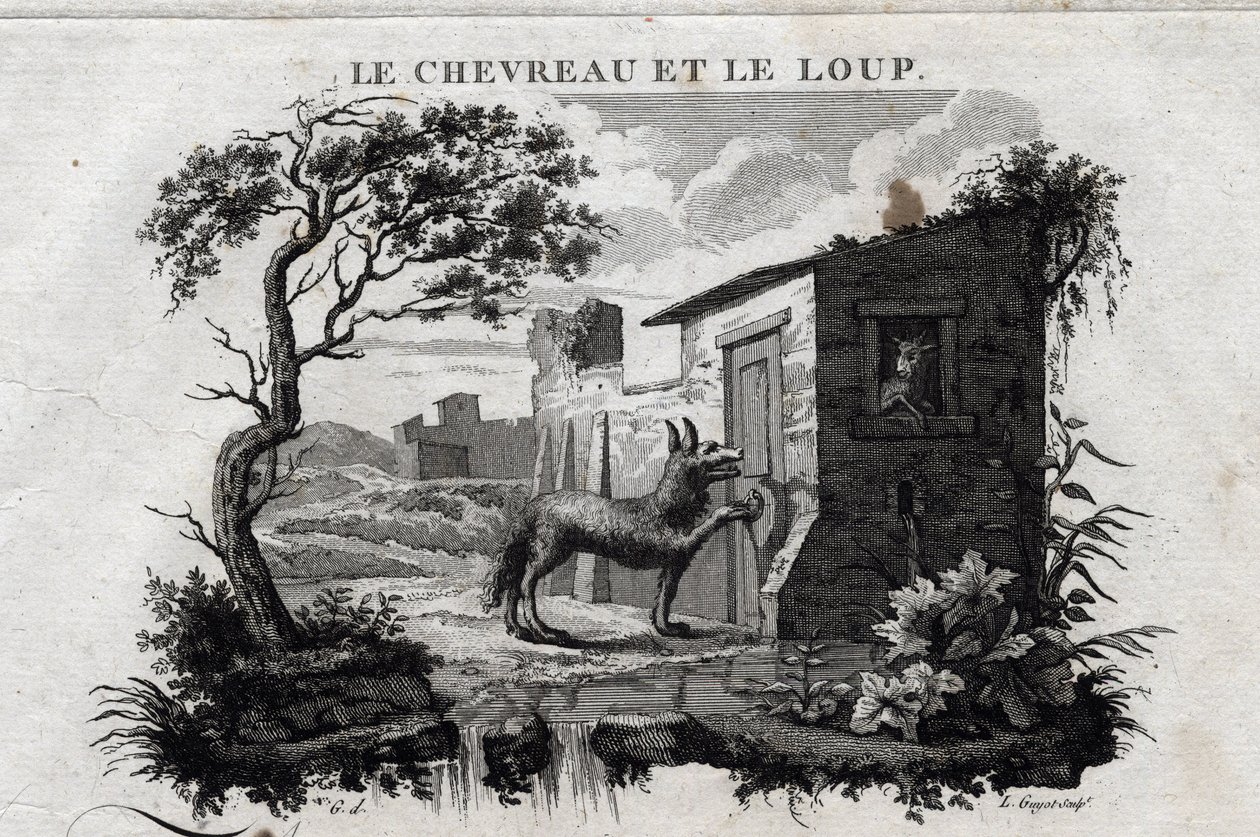 A kölyök és a farkas. Esope meséje. (Görög író Esopo vagy Ecopus, Kr. e. 6. század) Írta Guillaume Montfort és Gravees Beauble 1801-ben. alkotó: French School