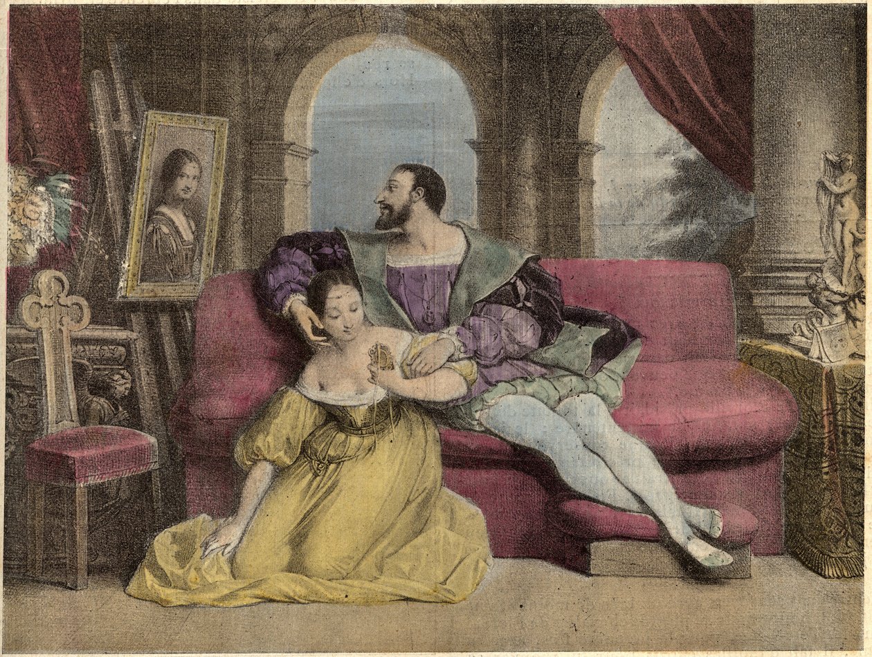 I. Francois francia király (1494-1547) és a gyönyörű vasmű. Daveria litográfiája 1838-ból a „” Laughs Et Galanterie” c. Heti Galantes-képgyűjtemény John Grand-Carteret irányításával. 1903-1904. alkotó: French School