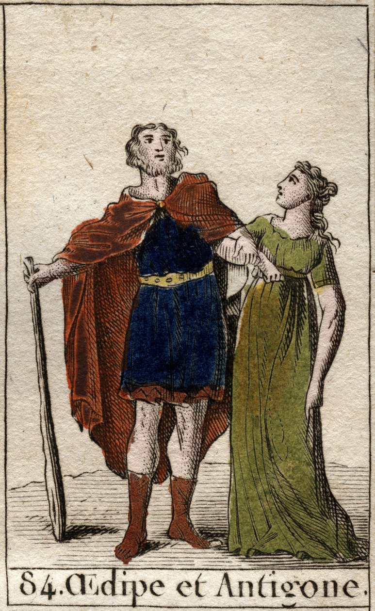 Théba királya, Oidipusz lányával, Antigonéval Pierre Blanchard „Mythologie de la jeunesse” című művéből, 1803. alkotó: French School
