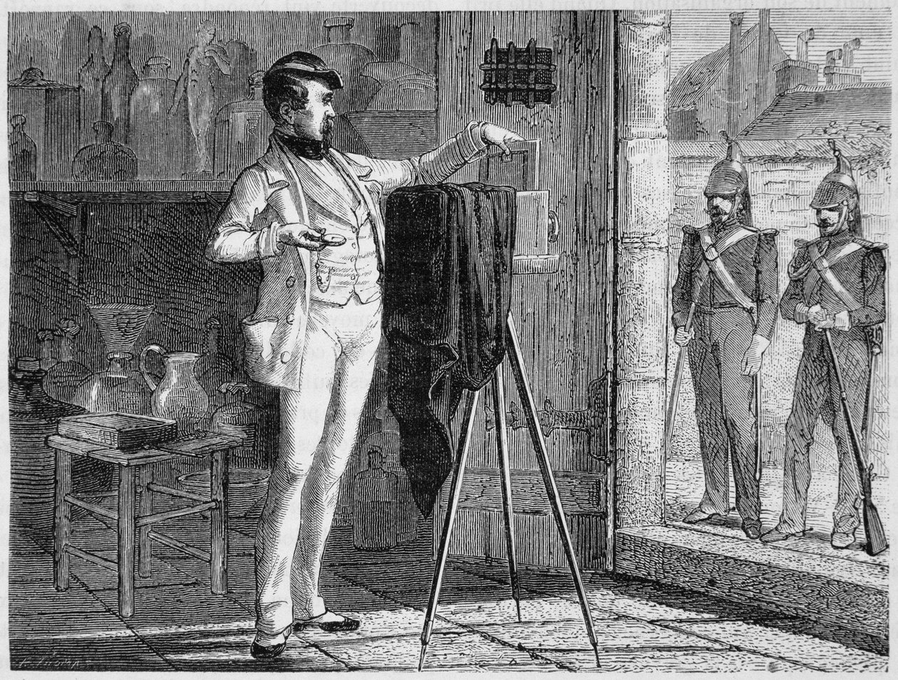 Niepce de Saint-Victor laboratóriuma a faubourg Saint-Martin-i városi őrség laktanyájának rendőrszobájában, 1848-ban - Louis Figuier "A tudomány csodái" című könyvében. alkotó: French School