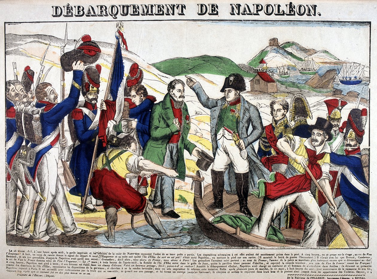 A partraszállás a Juan-öbölben: I. Napóleon 1815. március 1-jén tért vissza Franciaországba az Elba szigeti száműzetés időszaka után. Az Epinal képe alkotó: French School