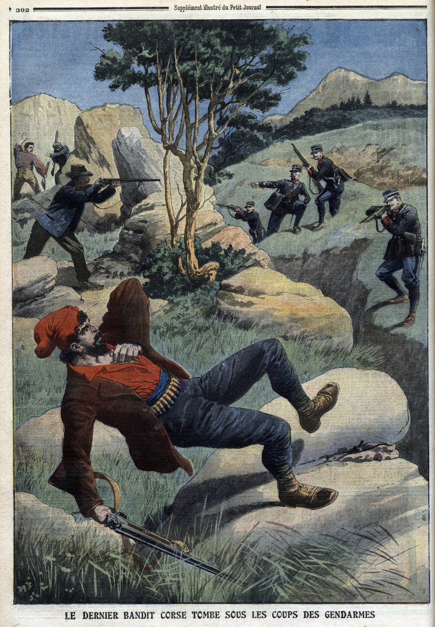 Az utolsó korzikai bandita a csendőrök csapásai alá esik: „Le Petit Journal” 1909. december 5. (metszet) alkotó: French School