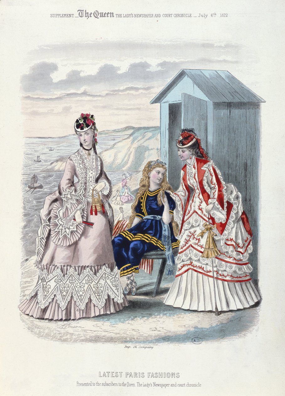 A legújabb párizsi divat a tengerparton és az úszásban, 1872 (színes gravírozás) alkotó: French School