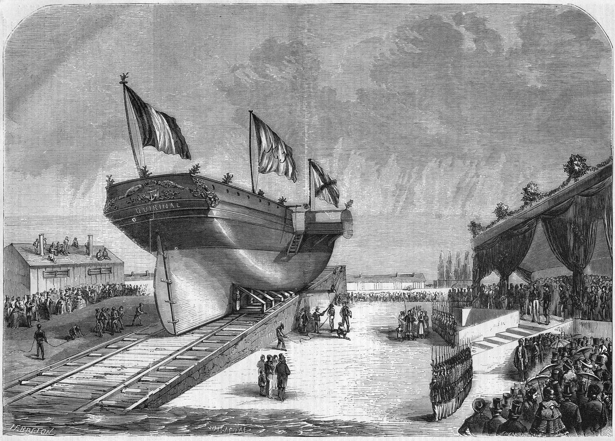 A Quirinal vonalhajó felbocsátása La Seyne-ben 1857-ben (Compagnie des Messageries Maritimes). Metszet 1857-ből. alkotó: French School