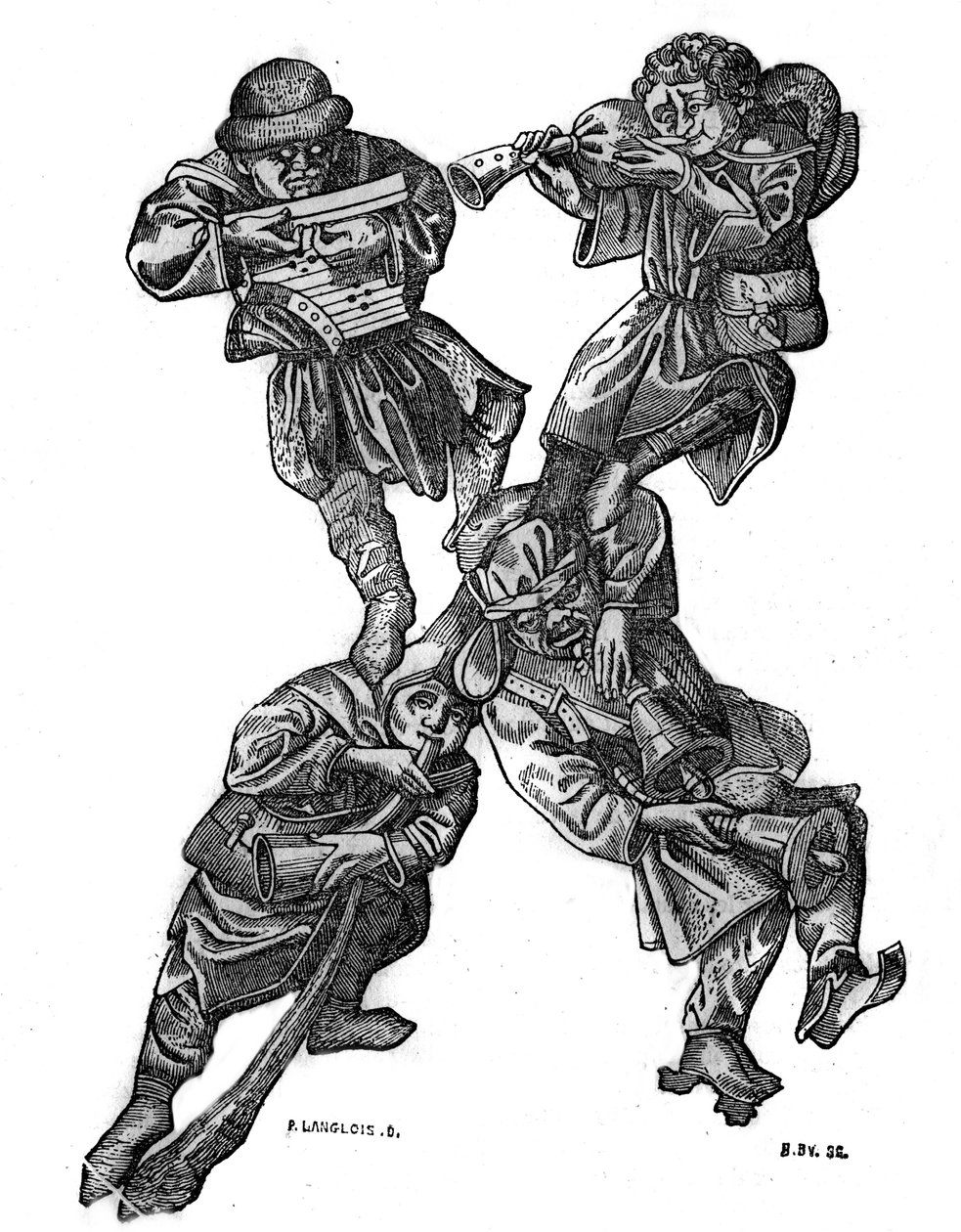 A négy zenei karakterből álló groteszk ábécé X-betűje, 1466-ban készült. A „” A festői boltban”” 1836 alkotó: French School