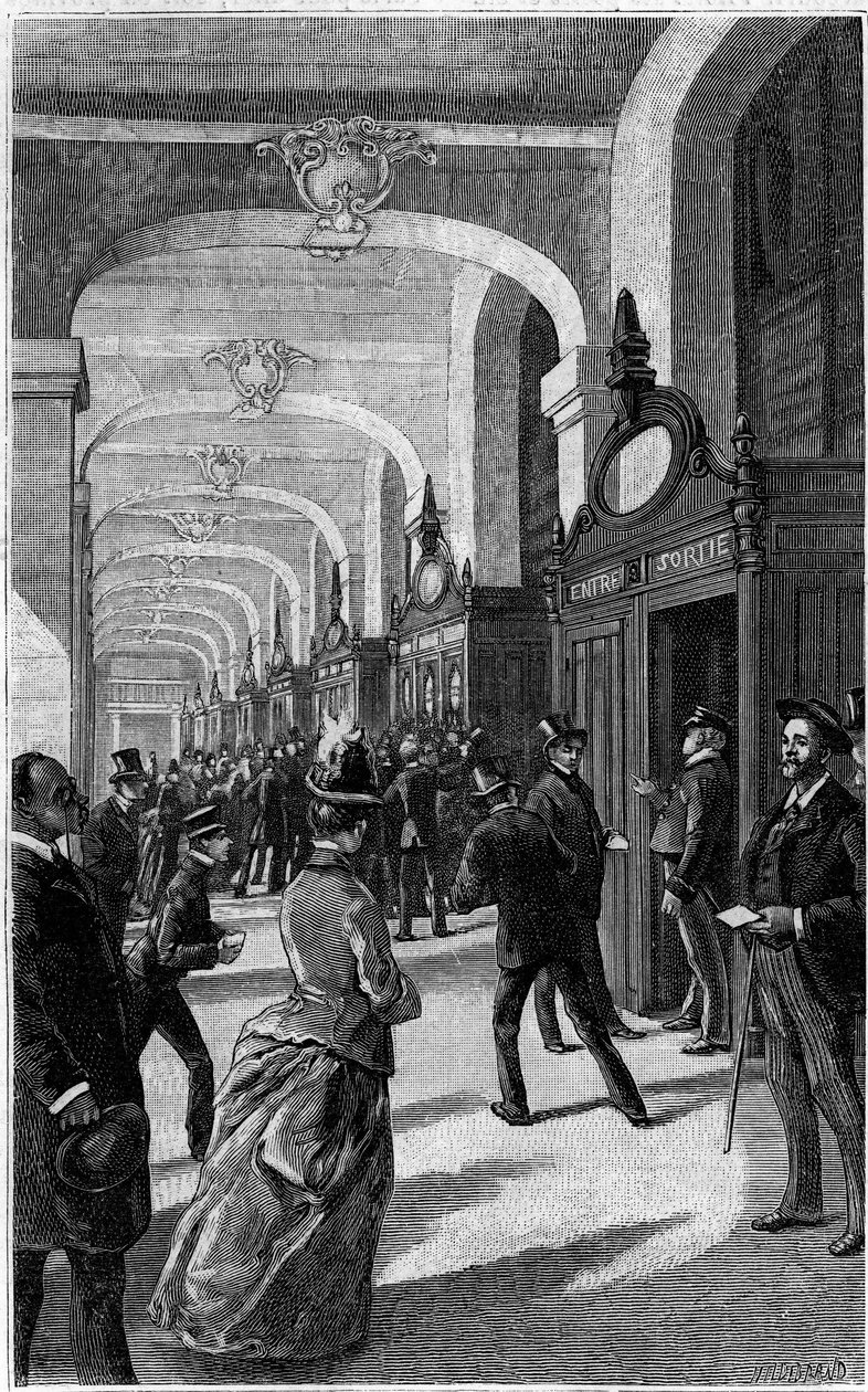 A párizsi rue du Louvre-on található Hotel des Postes levelesládagalériája. Metszet a „Youth” folyóiratban alkotó: French School