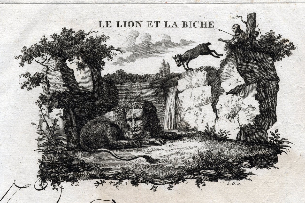 Az oroszlán és a szarvas. Esope meséje. (Görög író Esopo vagy Ecopus, Kr. e. 6. század) Írta Guillaume Montfort és Gravees Beauble 1801-ben. alkotó: French School