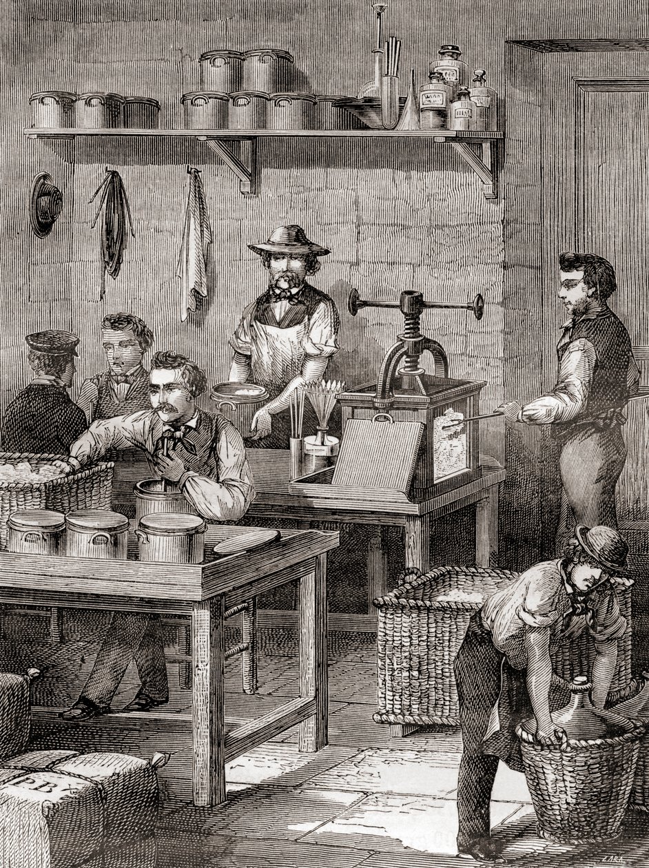 A fegyverpamut gyártása a 19. században, a Les Merveilles de la Science-ből, 1870 körül megjelent (metszet) alkotó: French School
