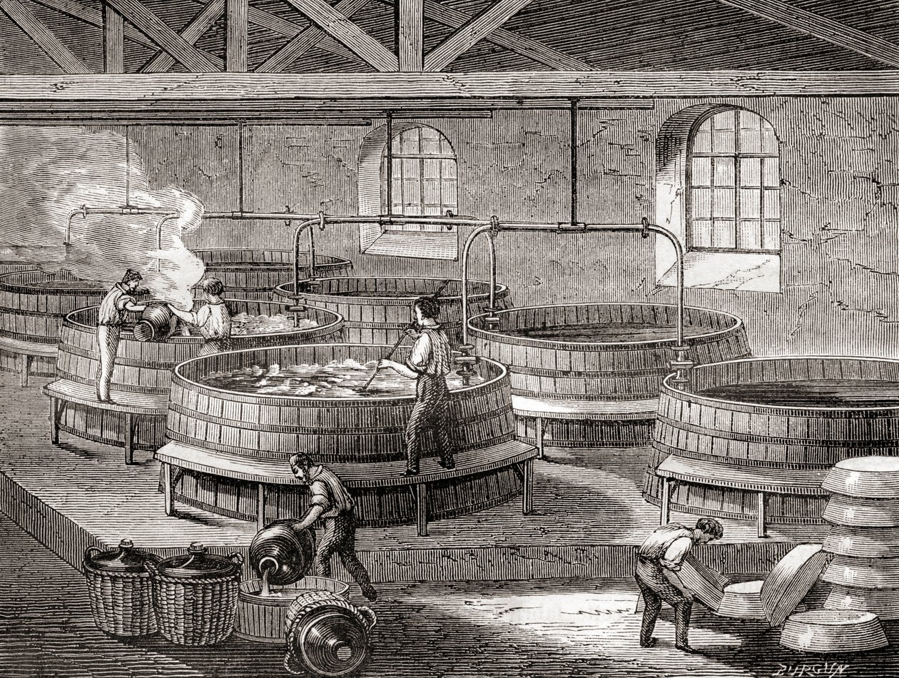A szappangyártás nagy tartályokban a 19. században, a "Les Merveilles de la Science" című, 1870 körül kiadott könyvből (metszet). alkotó: French School