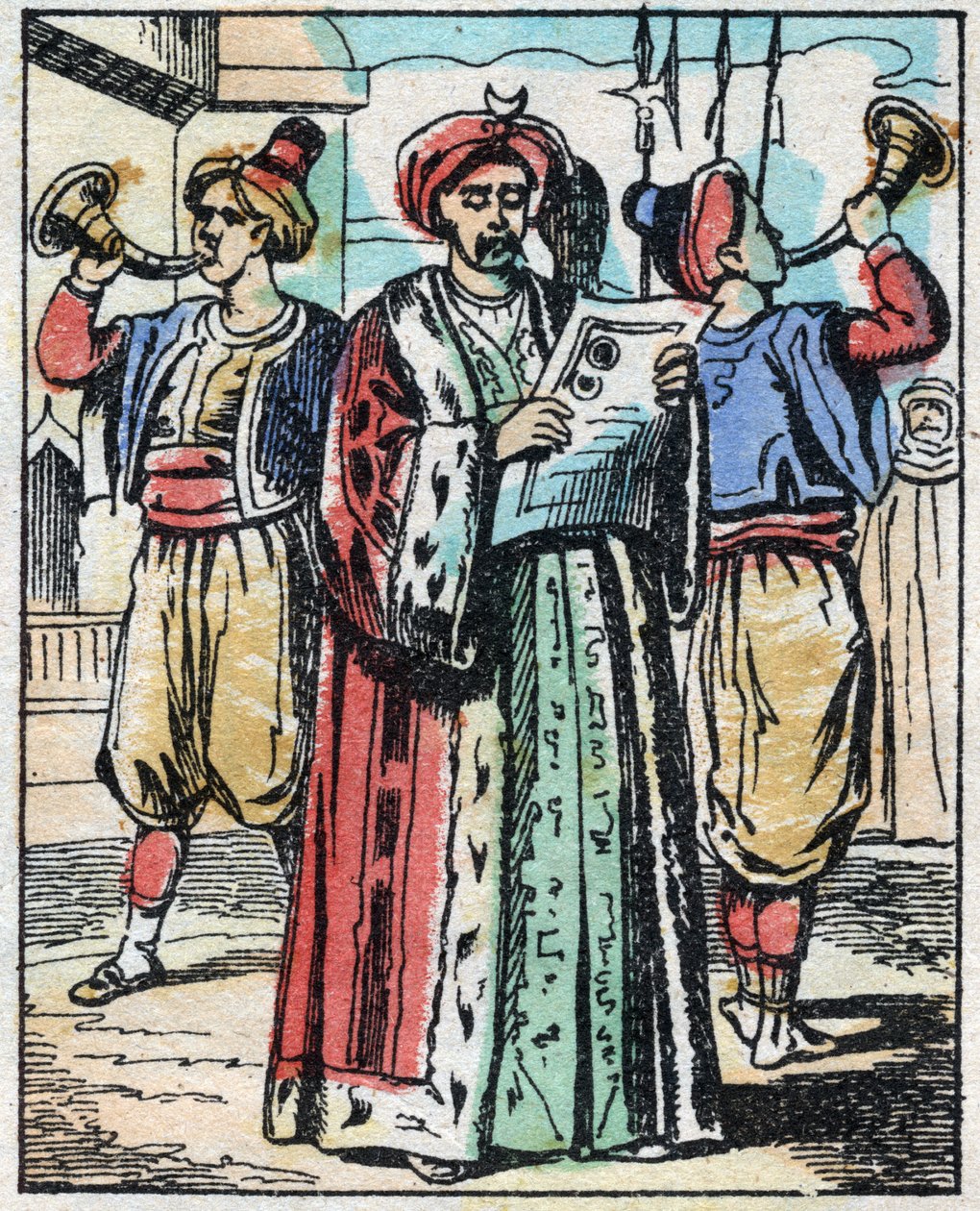 A szultán lányának és a nagyvezír fiának házasságát közolvasó jelenti be. Ezeregyéjszaka meséjének metszete „” Aladin és a csodálatos lámpa””. Epinális képalkotás, 19. század vége. Magángyűjtemény. alkotó: French School