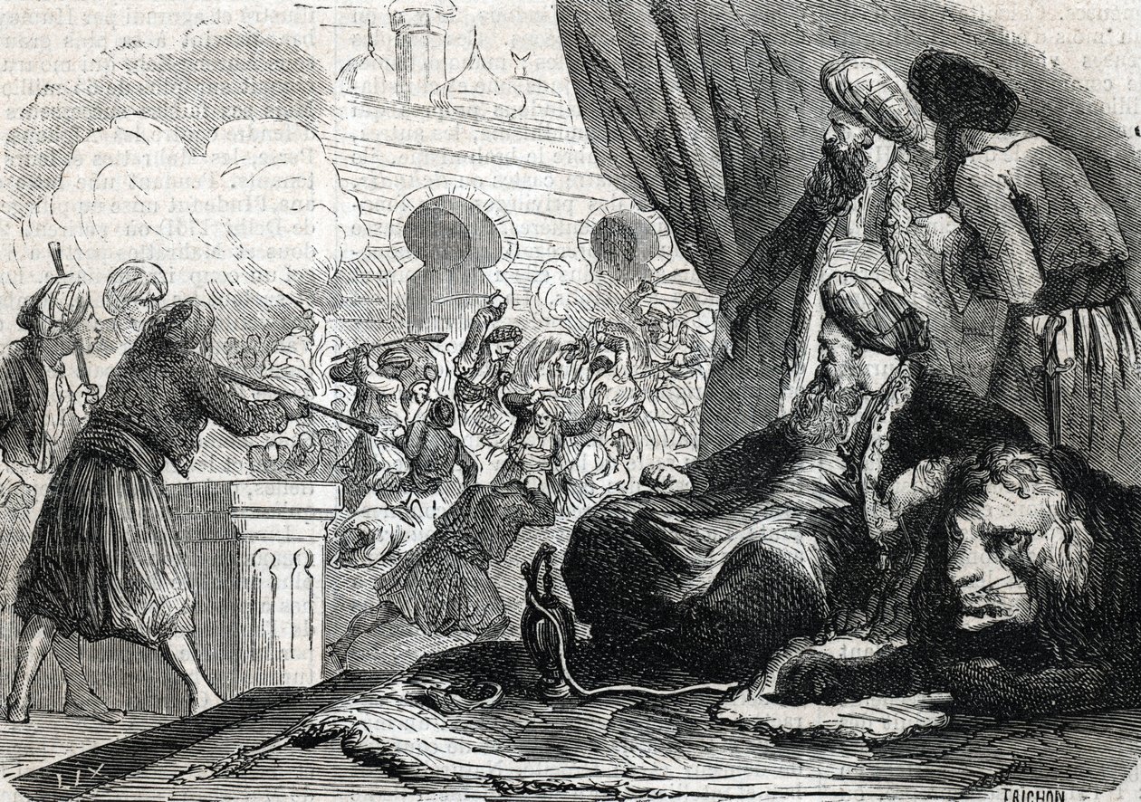 „A janicsárok seregének lemészárlása 1826-ban II. Mahmúd szultán által, Konstantinápoly” (metszet) 1864 alkotó: French School