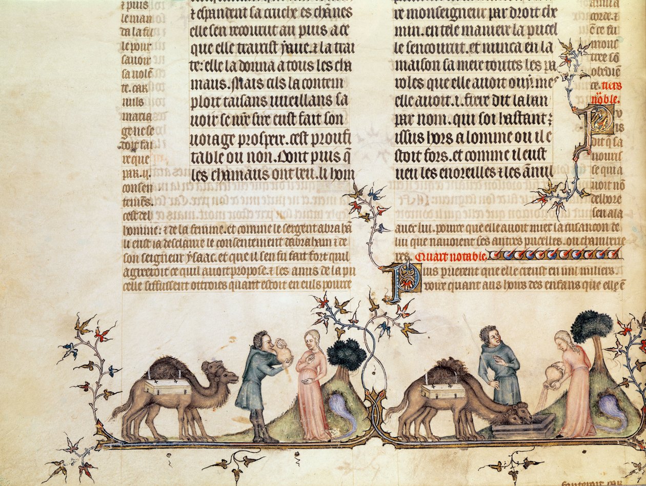 Eliezer és Rebecca találkozása a kútnál, Jean de Sy Bibliájából, 1355 körül alkotó: French School