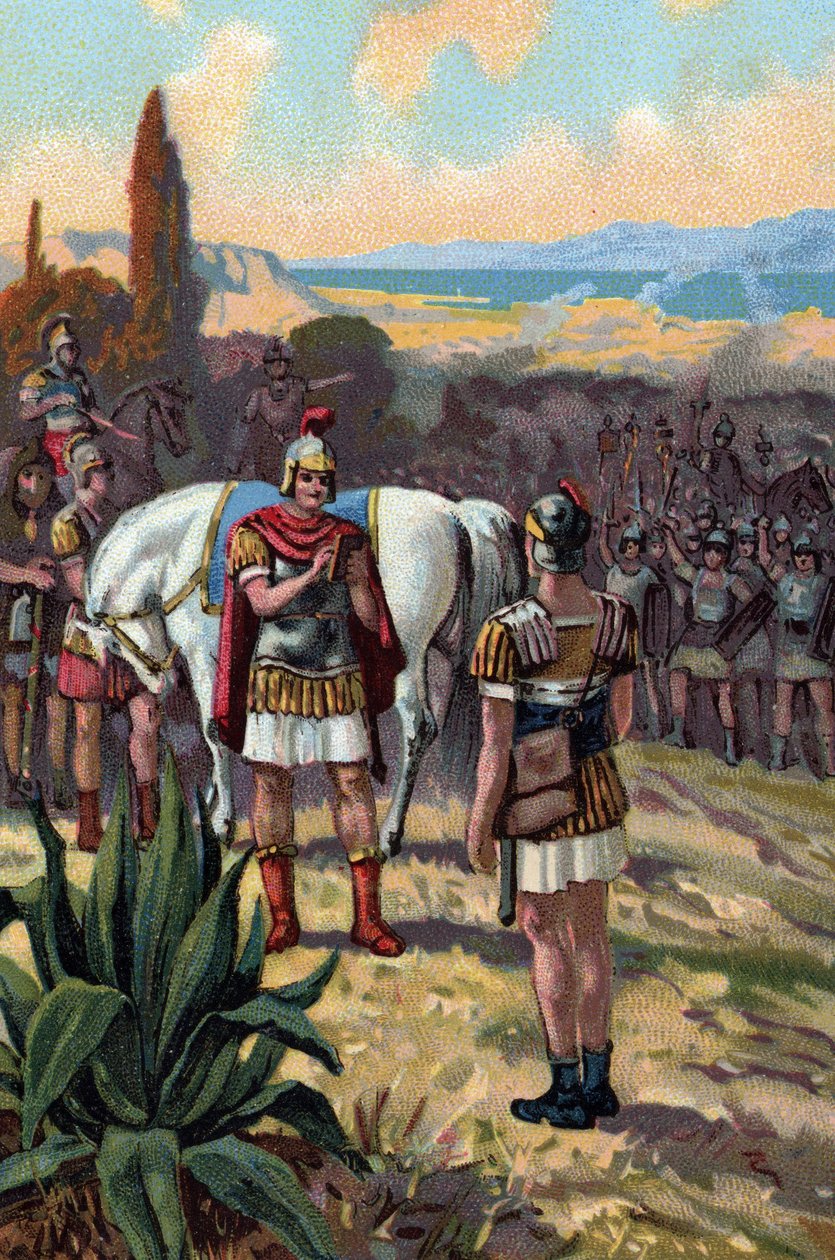 Julius Caesar (Kr. e. 100-44) és II. Pharnace király híd (i.e. 97-47) találkozása a zelai csatában (i.e. 47-ben) és a Pontusi Királyság II. Pharnacias alkotó: French School