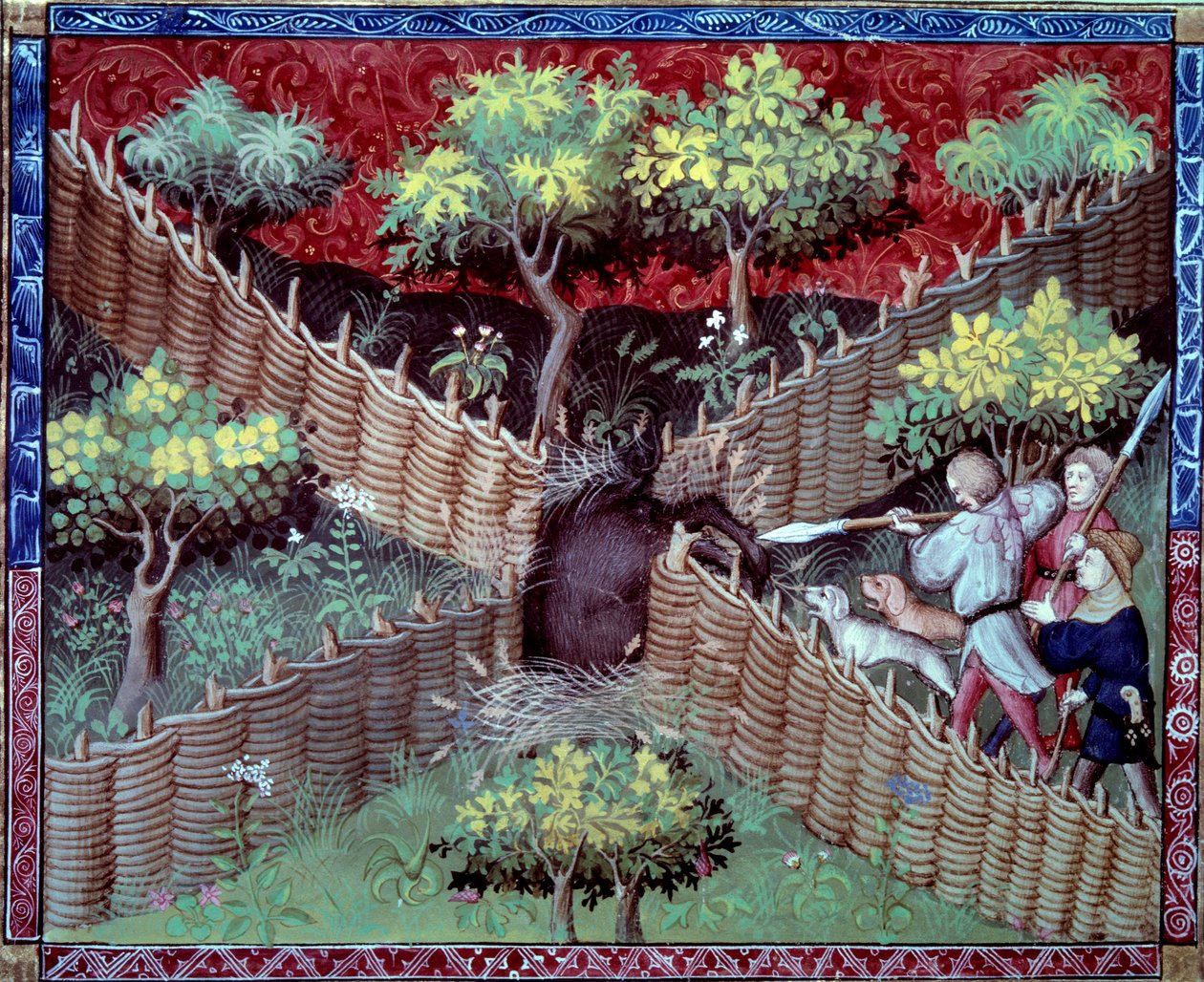 Gaston III Phoebus, Foix grófja, Bearn ura (1331-1391) a miniatűr vaddisznóvadászat „A vadászat könyvéből” alkotó: French School