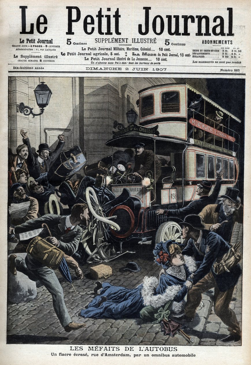 A busz hibái: egy busz által összetört tűzvész Amszterdam Párizs utcájában „Le Petit Journal”, 1907. június (metszet) alkotó: French School
