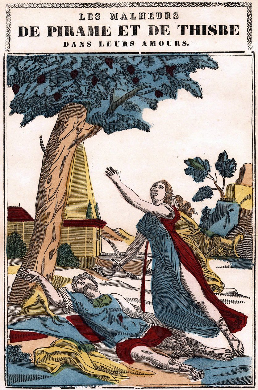 Pyramus (Pirame) és Thisbe szerelmi szerencsétlenségei, Ovidius „A metamorfózisok” című művében mesélt. Az Epinal képe alkotó: French School