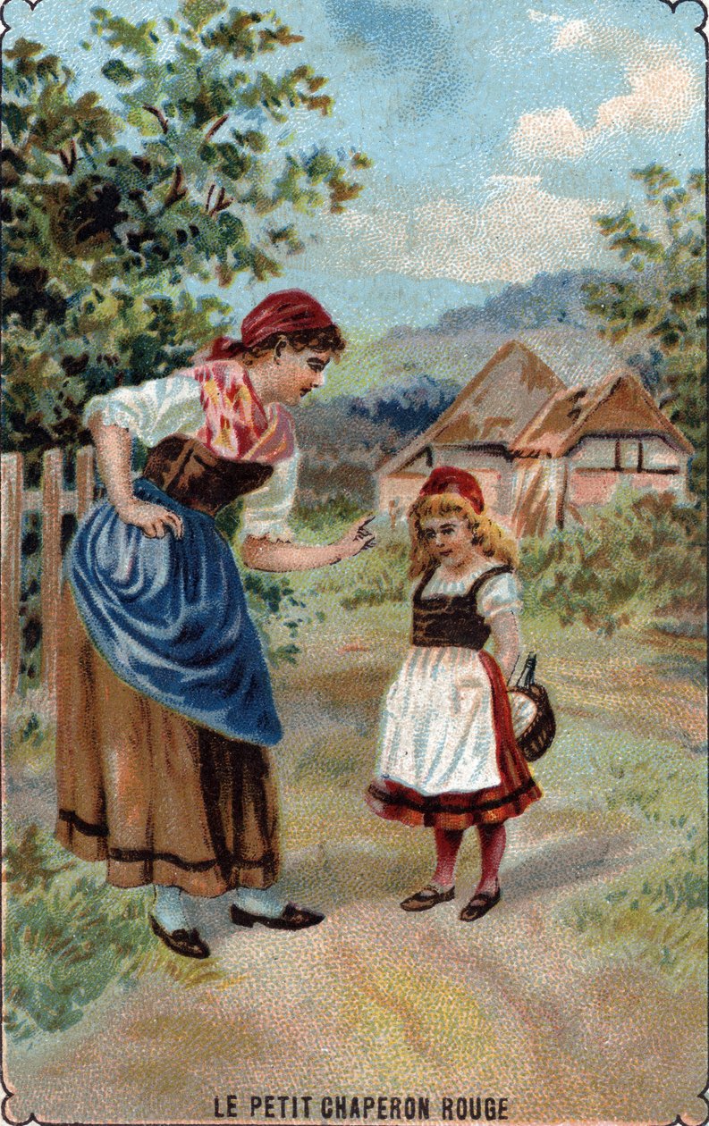 A Piroska anyja óva int a farkastól. Illusztráció Charles Perrault (1628-1703) „A Piroska” című meséjéből „” Piroska anyja figyelmezteti a farkastól”” ” Illusztráció a „” Litt alkotó: French School