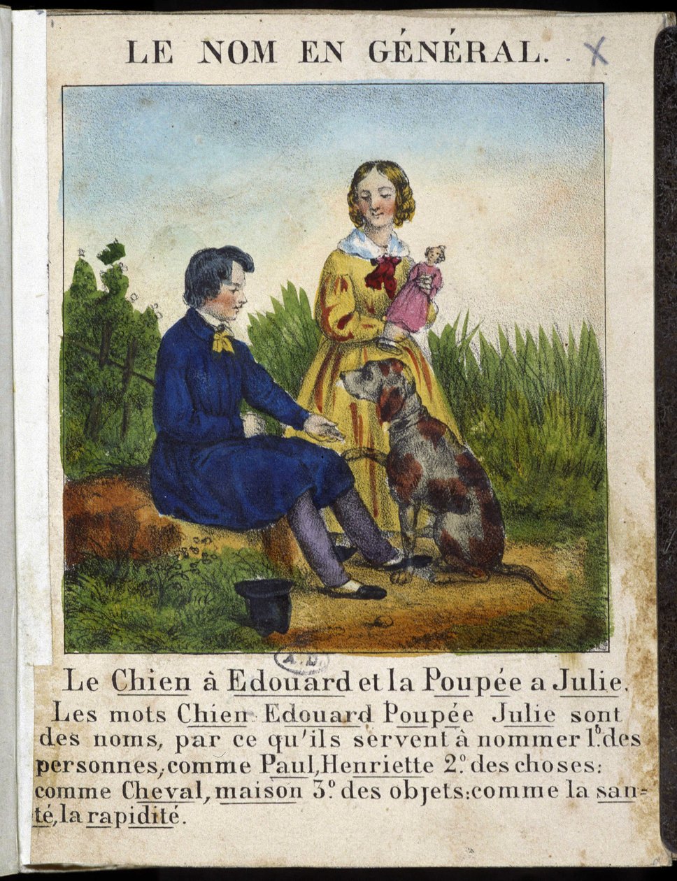 A név általában (fiú kutyával és lány babával) - a „” La grammaire en images”-ban” alkotó: French School