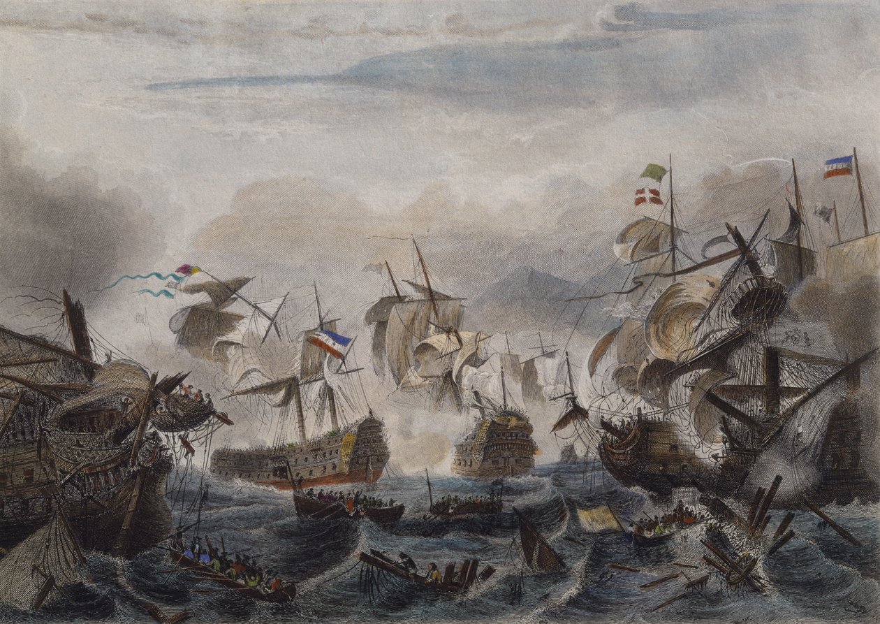 A La Hogue-fok tengeri csata 1692-ben, Chavanne metszet (színes rézkarc) alkotó: French School