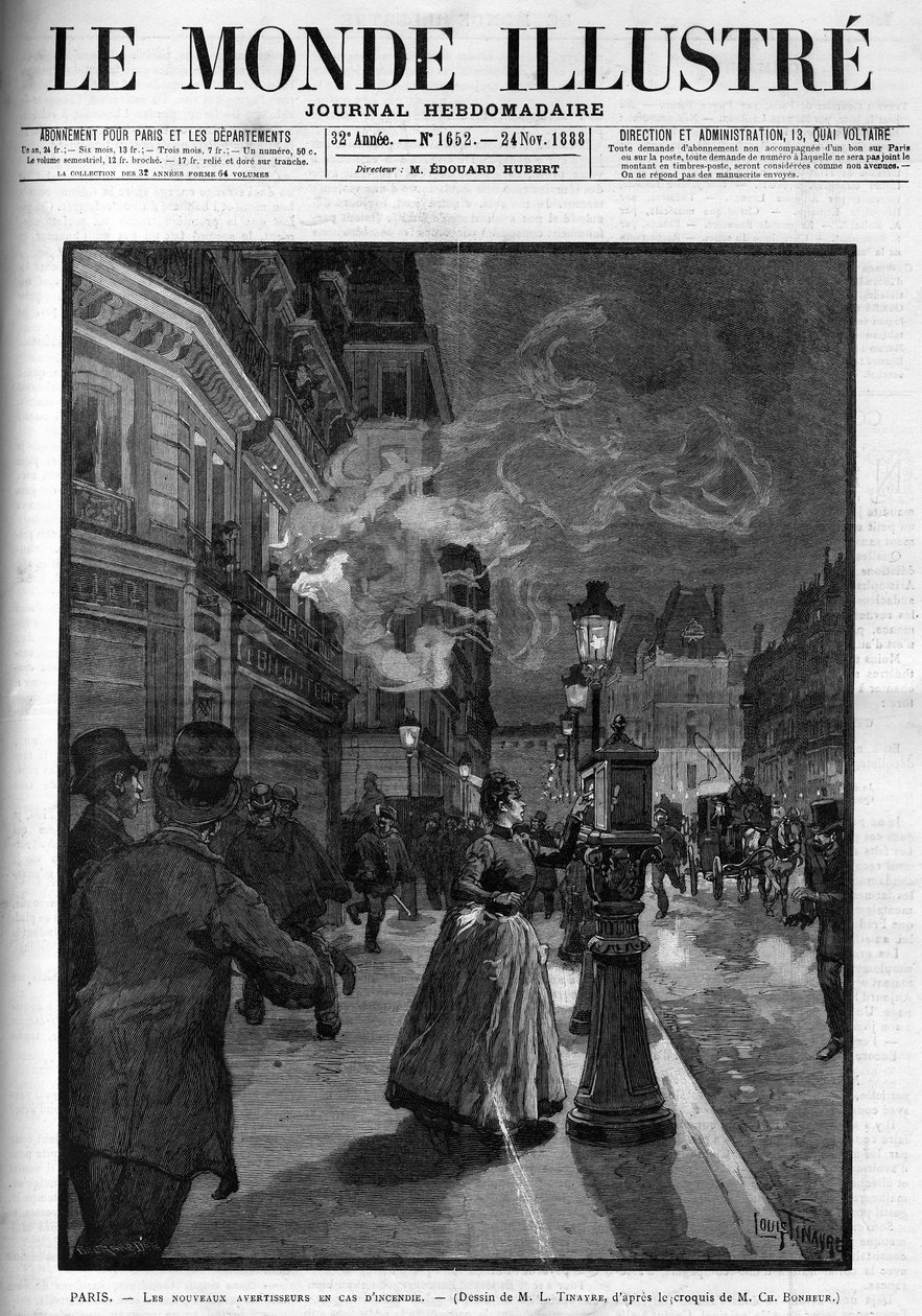 Az új tűzjelzők Párizsban 1888-ban. Az 1888-as „The Illustrous World” címlapja. alkotó: French School