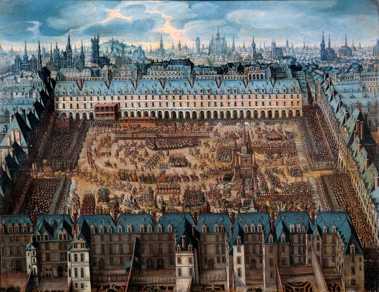 A dicsőség lovagjai regénye avagy Grand carousel a királyi téren 1612 áprilisában, XIII. Lajos (1601-1643) és Osztrák Anna esküvője alkalmából - Anonymous festmény. 1612 olaj, fa, nap. 0,41x0,52 m Párizs, Musee Carnavalet - Grand Caro alkotó: French School