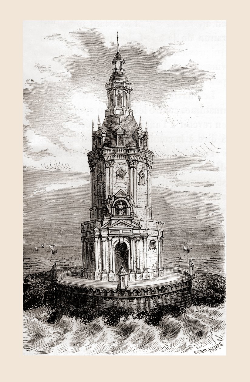 Az eredeti, 17. századi Cordouan világítótorony, a Gironde-torkolat torkolatának közelében Franciaországban, a „Les Merveilles de la Science”-ből, 1870 körül megjelent (metszet) alkotó: French School