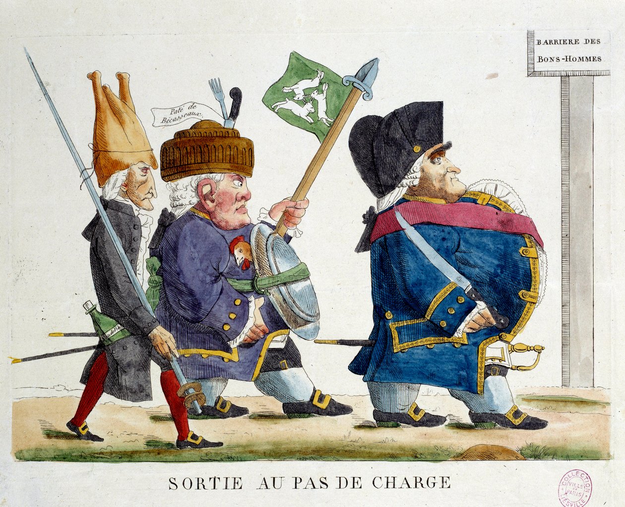 A kimenet a töltési lépésben. Rajzfilm, amely férfiakat ábrázol, amint átlépik a jóemberek sorompóját a restauráció idején (1823). Metszet 1823-ból. Párizs, Musee Carnavalet alkotó: French School