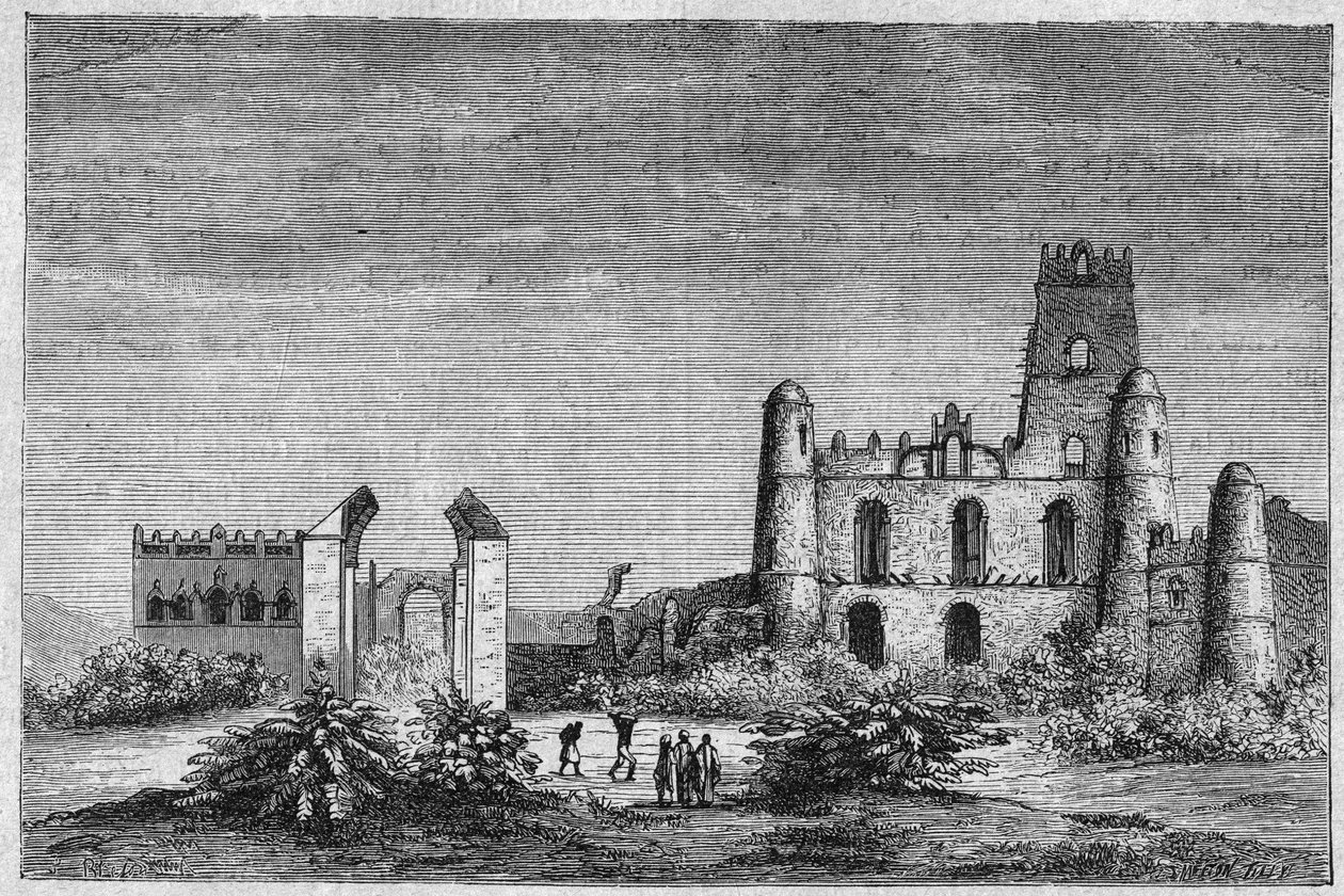 A Negouss (Negus) vagy Etiópia királyainak palotája Gondarban. Metszet 1896-ból Achille Raffray „” L