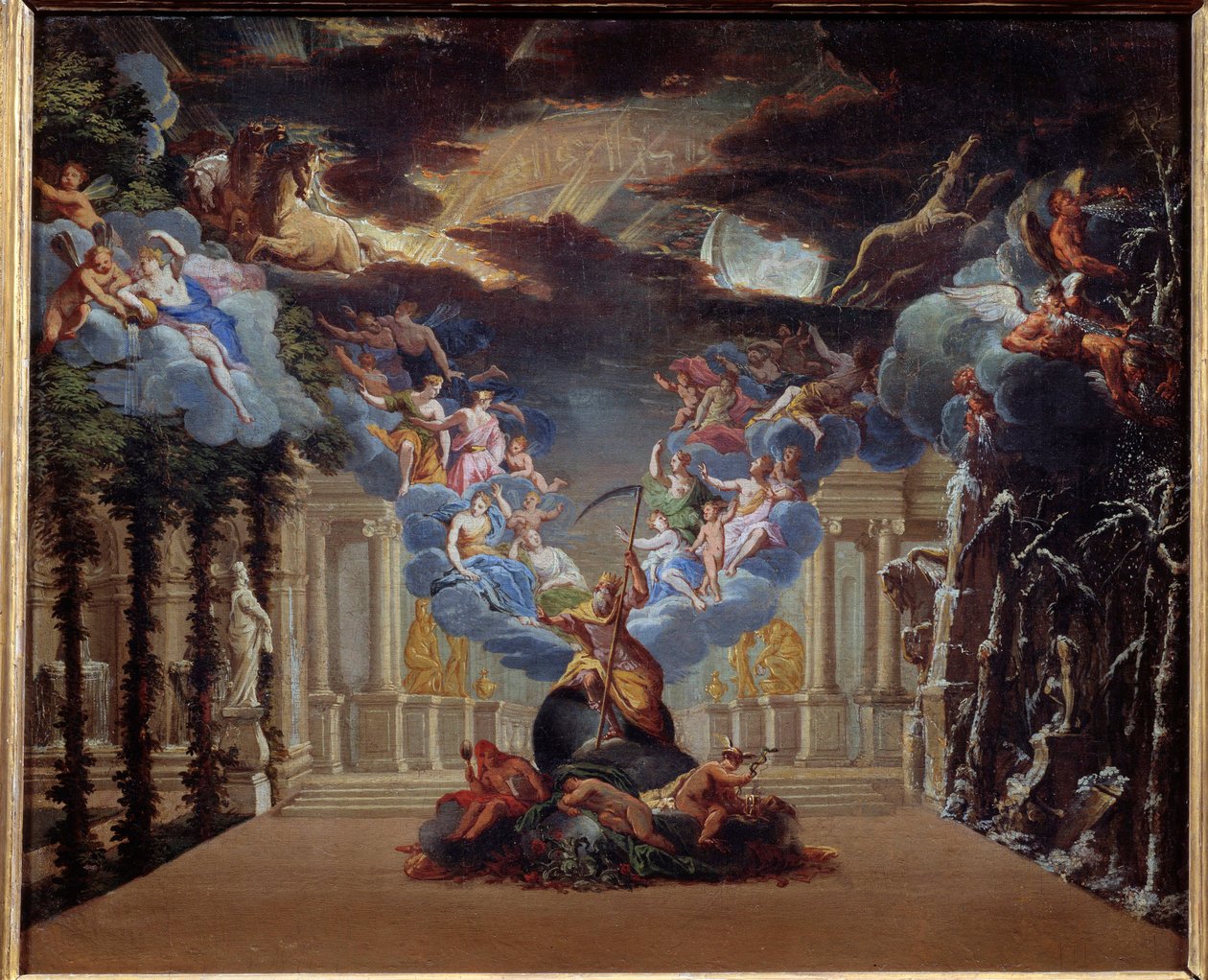 Az idő palotája, az 1676-ban létrehozott Jean Baptiste Lully (Giovanni Battista Lulli) (1632-1687) „Atys” prológusának dekorációja olyan mihológiai alakokat ábrázol, mint Merkúr, Hermész. A 17. századi francia iskola névtelen festménye. Párizs alkotó: French School
