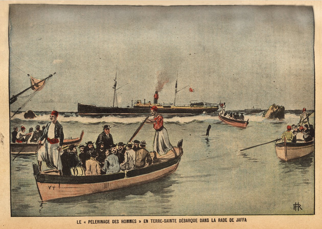 A férfiak zarándoklata a szentföldi Jaffában (Izrael). Metszet a "Le pelerin" című lapban 1901. szeptember 8-án. Selva gyűjtemény. alkotó: French School