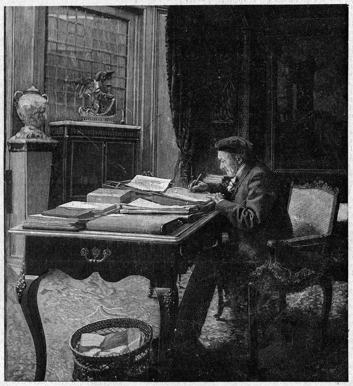 Victorian Sardou drámaíró (1831-1908) az irodájában. Metszet a január 2-i „La gazette du dimanche”-ban alkotó: French School