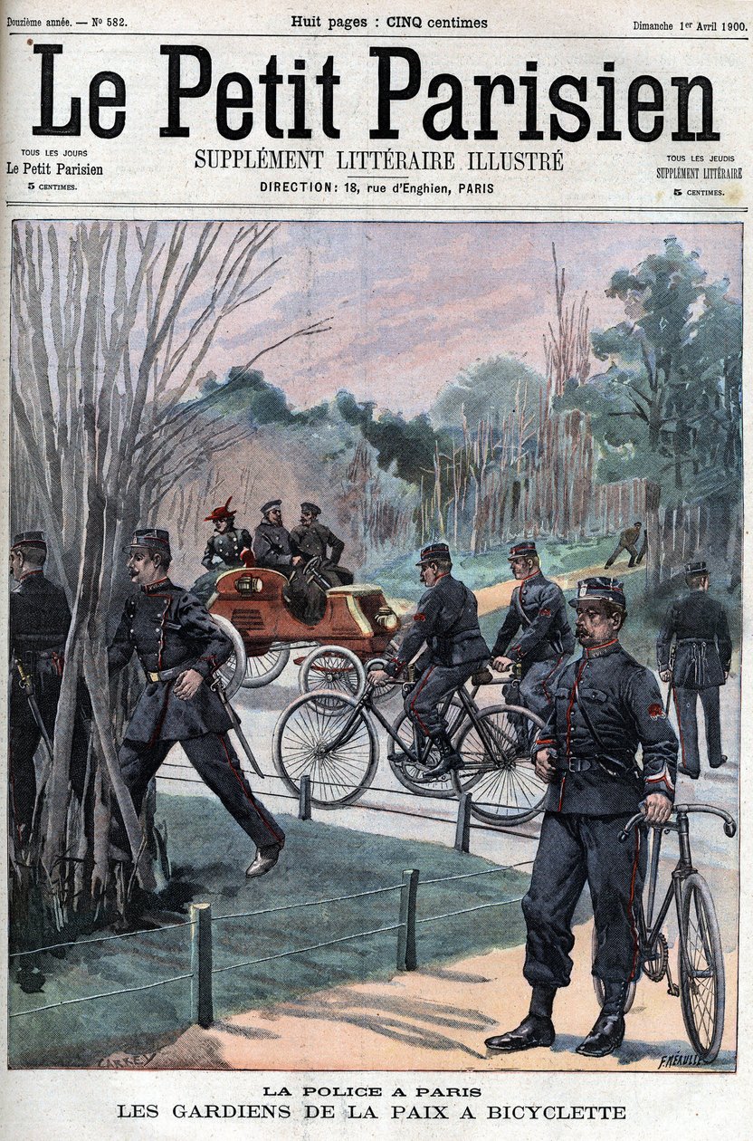 A párizsi rendőrség, a békefenntartók kerékpáron.- a „Le petit Parisien”-ben” alkotó: French School