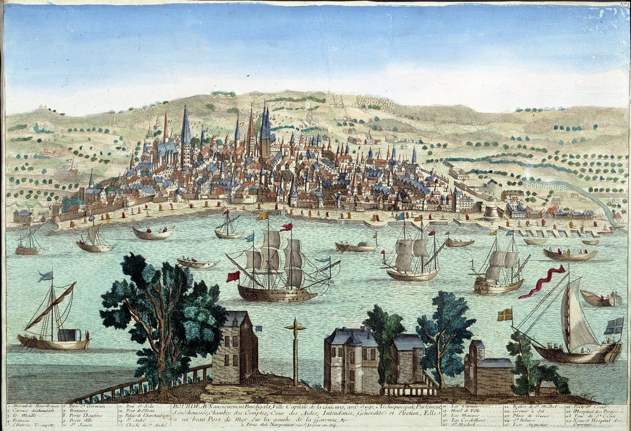 Bordeaux kikötője és városa - metszet alkotó: French School