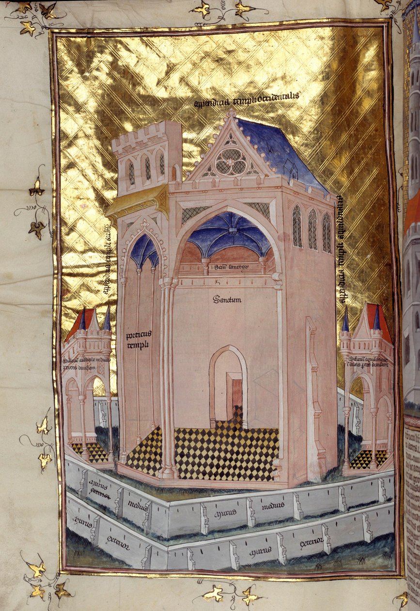 A szentek szentjének oszlopcsarnoka a jeruzsálemi Salamon templomban Miniatúra a "Bibliai megjegyzések"-ből, Lírai Miklós (13. század) alkotó: French School